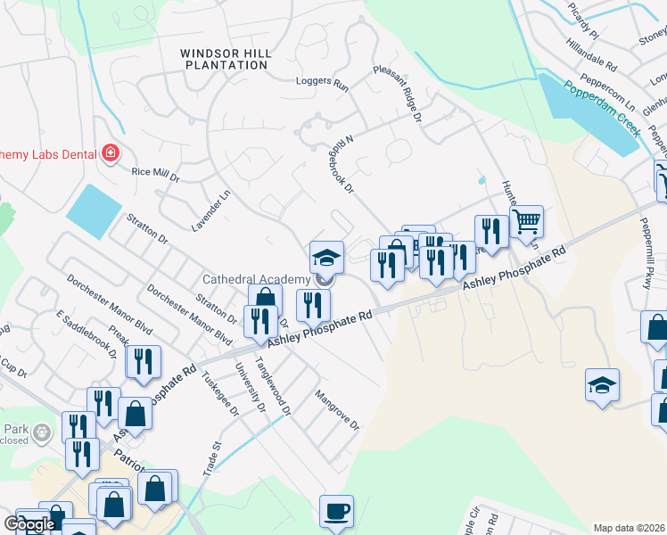 map of restaurants, bars, coffee shops, grocery stores, and more near 4042 Cedars Parkway in North Charleston