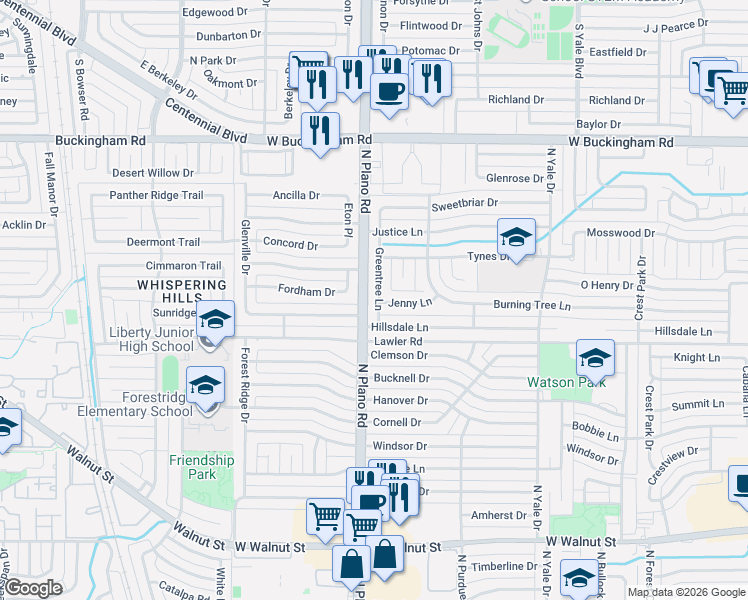 map of restaurants, bars, coffee shops, grocery stores, and more near 4410 Jenny Lane in Garland