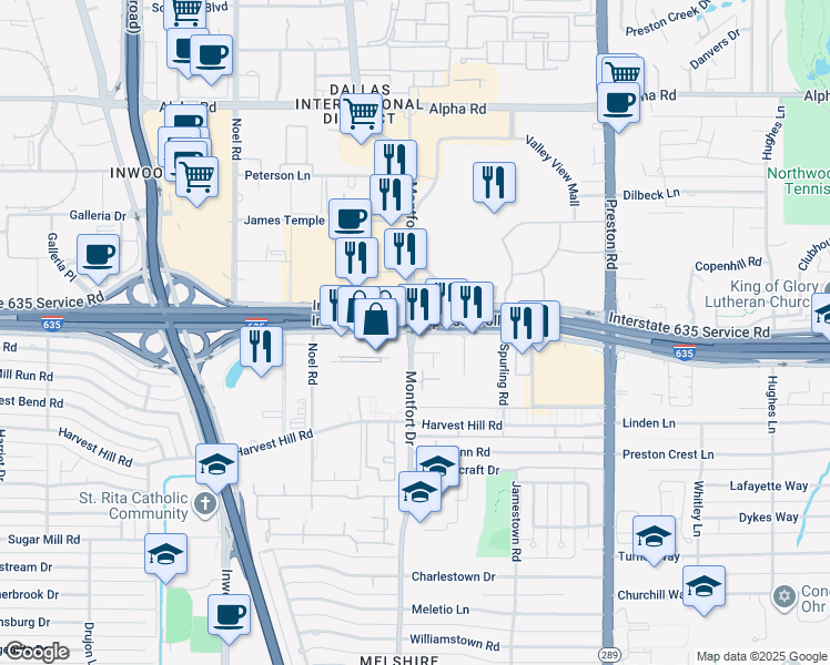 map of restaurants, bars, coffee shops, grocery stores, and more near 5580 Lyndon B Johnson Freeway in Dallas
