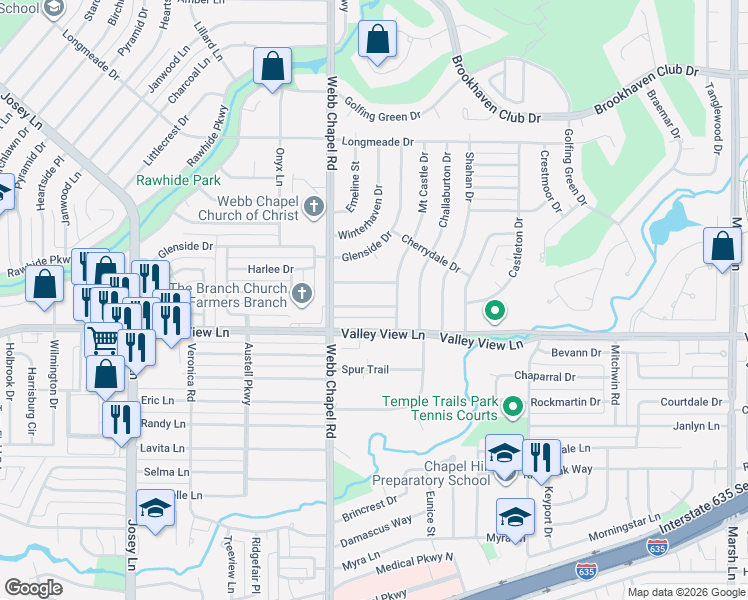 map of restaurants, bars, coffee shops, grocery stores, and more near 3140 Colchester Drive in Farmers Branch