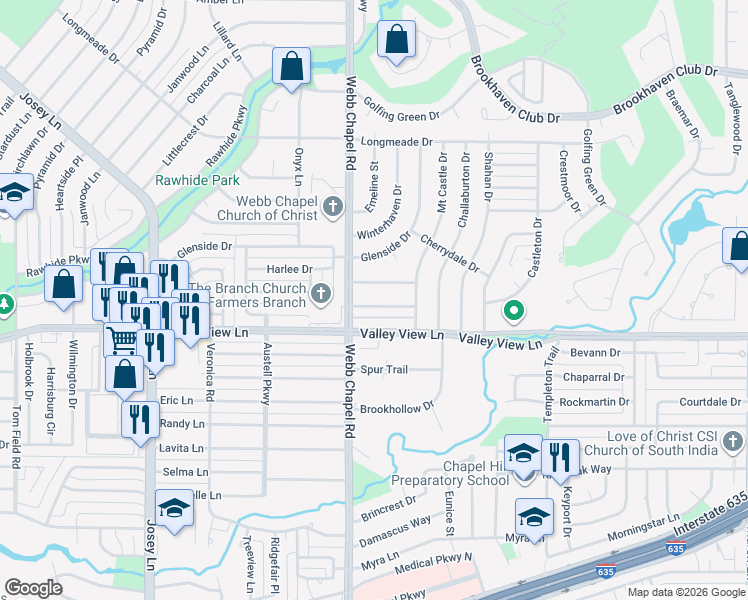 map of restaurants, bars, coffee shops, grocery stores, and more near 3140 Colchester Drive in Farmers Branch