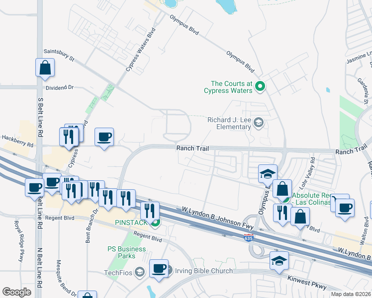 map of restaurants, bars, coffee shops, grocery stores, and more near 2551 Turnberry Court in Irving