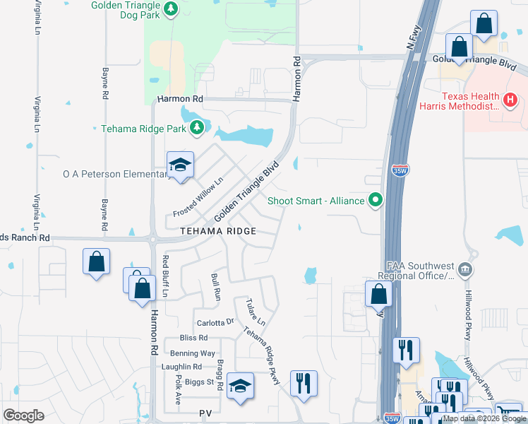 map of restaurants, bars, coffee shops, grocery stores, and more near 10413 Merced Lake Road in Fort Worth