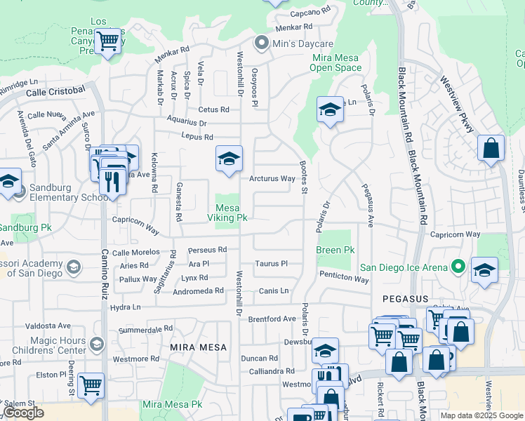 map of restaurants, bars, coffee shops, grocery stores, and more near 8819 Centaurus Way in San Diego