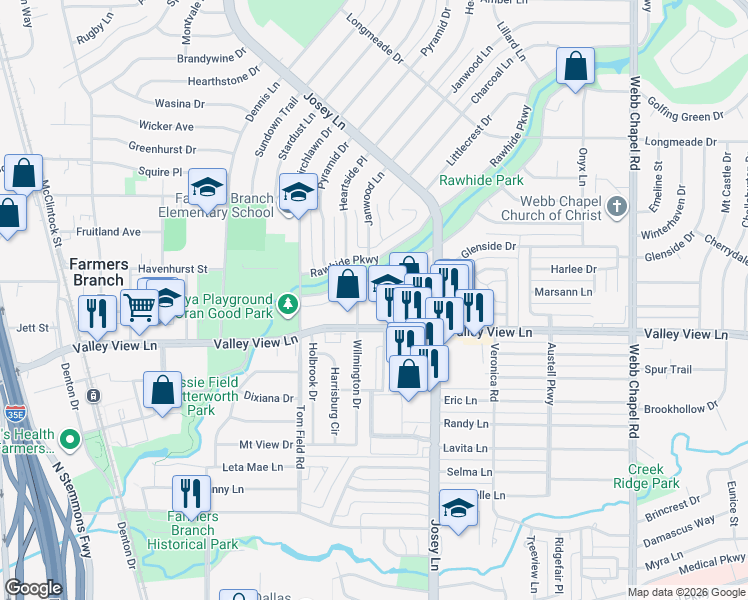 map of restaurants, bars, coffee shops, grocery stores, and more near 13305 Wilmington Drive in Farmers Branch