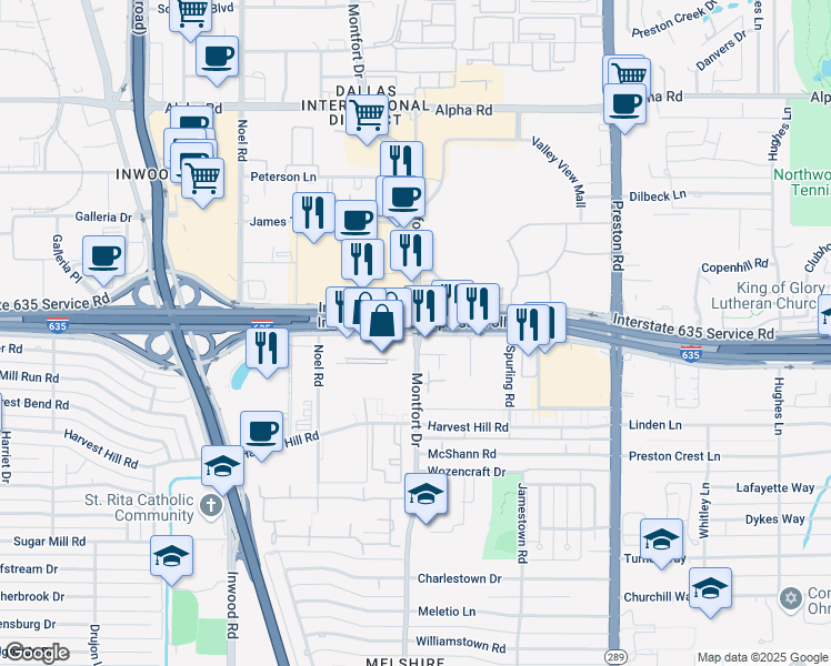 map of restaurants, bars, coffee shops, grocery stores, and more near Interstate 635 Service Rd & Montfort Dr in Dallas