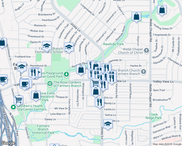 map of restaurants, bars, coffee shops, grocery stores, and more near 2825 Valley View Lane in Farmers Branch