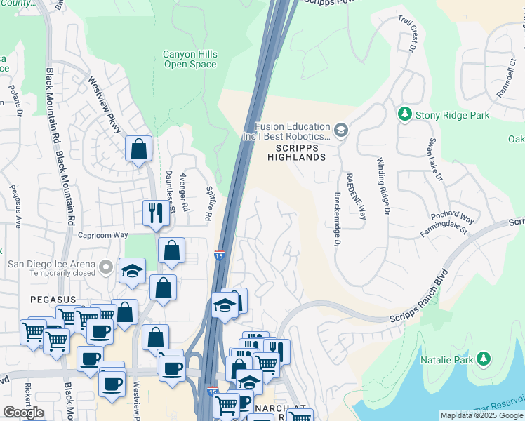 map of restaurants, bars, coffee shops, grocery stores, and more near 9970 Scripps Vista Way in San Diego