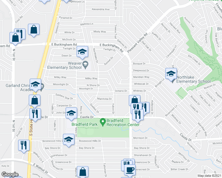 map of restaurants, bars, coffee shops, grocery stores, and more near 1505 Yukon Drive in Garland