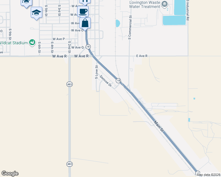 map of restaurants, bars, coffee shops, grocery stores, and more near 428-478 Dencoe Drive in Lovington