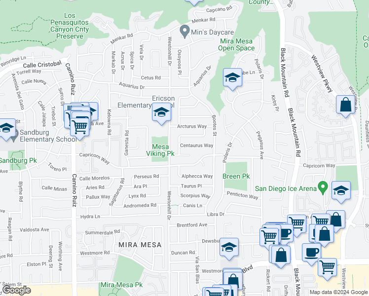 map of restaurants, bars, coffee shops, grocery stores, and more near 8819 Centaurus Way in San Diego