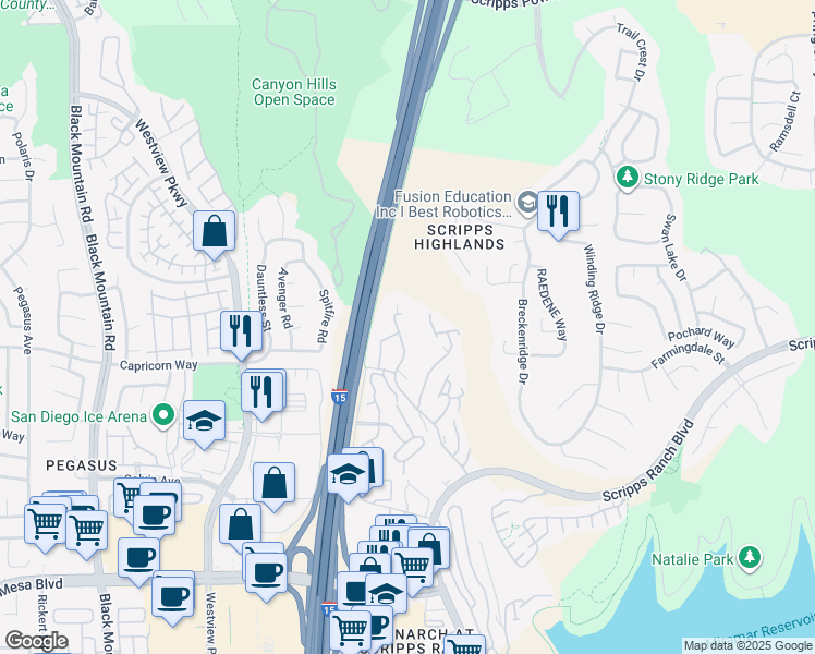 map of restaurants, bars, coffee shops, grocery stores, and more near 9950 Scripps Vista Way in San Diego
