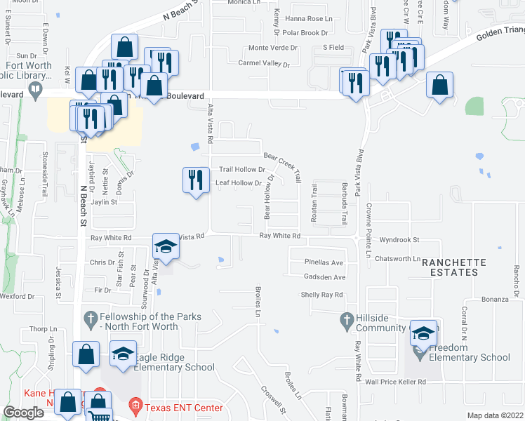 map of restaurants, bars, coffee shops, grocery stores, and more near 10333 Bear Hollow Drive in Fort Worth