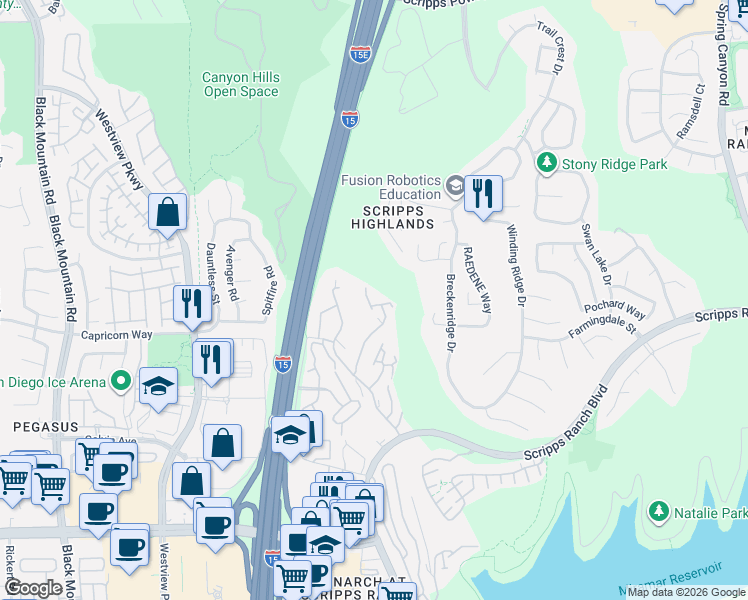 map of restaurants, bars, coffee shops, grocery stores, and more near 11366 Affinity Court in San Diego
