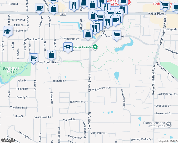 map of restaurants, bars, coffee shops, grocery stores, and more near 500 Rufe Snow Drive in Keller