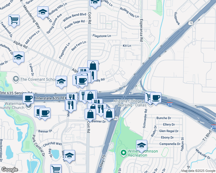 map of restaurants, bars, coffee shops, grocery stores, and more near 8111 Interstate 635 in Dallas