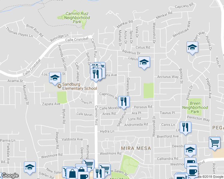 map of restaurants, bars, coffee shops, grocery stores, and more near 11180 Kelowna Road in San Diego