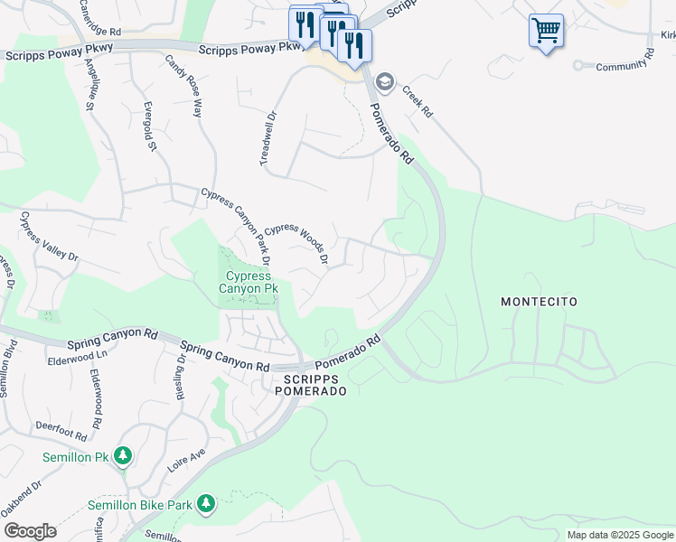 map of restaurants, bars, coffee shops, grocery stores, and more near 11373 Swan Canyon Road in San Diego