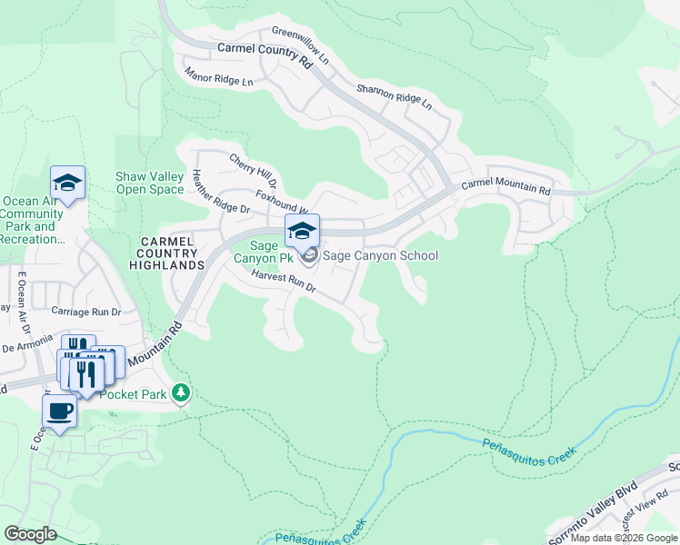 map of restaurants, bars, coffee shops, grocery stores, and more near 5366 Harvest Run Drive in San Diego