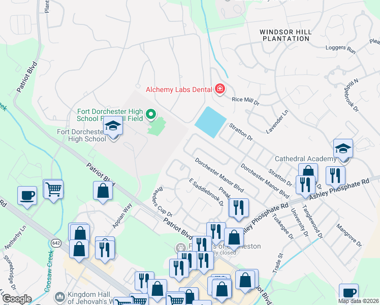 map of restaurants, bars, coffee shops, grocery stores, and more near 345B Dorchester Manor Boulevard in North Charleston