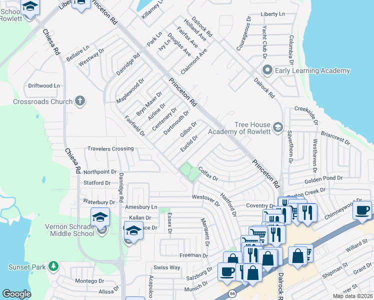 map of restaurants, bars, coffee shops, grocery stores, and more near 7214 Euclid Drive in Rowlett