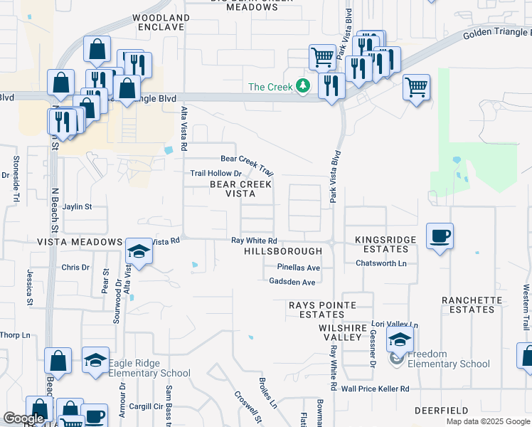 map of restaurants, bars, coffee shops, grocery stores, and more near 4949 Trail Creek Drive in Fort Worth
