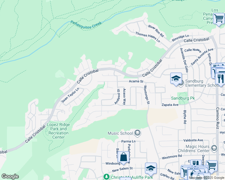 map of restaurants, bars, coffee shops, grocery stores, and more near 7585 Tupelo Cove in San Diego