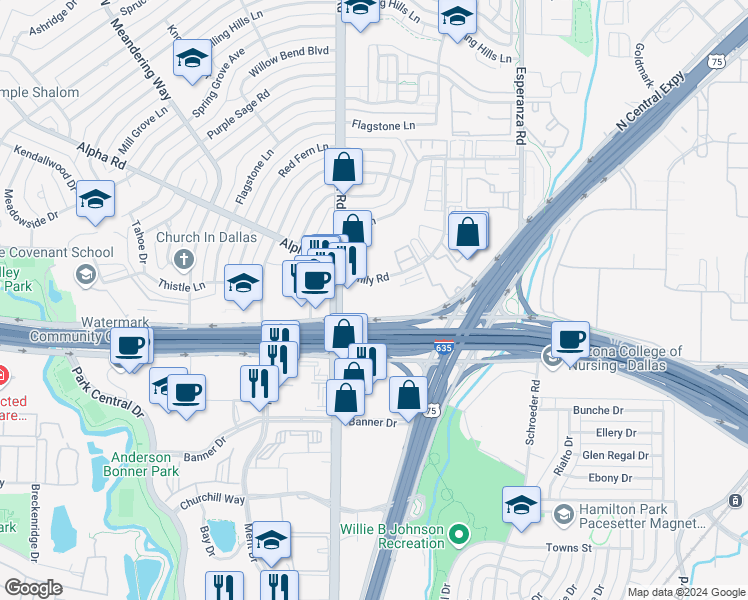 map of restaurants, bars, coffee shops, grocery stores, and more near 8051 Lyndon B Johnson Fwy in Dallas