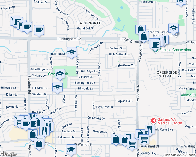 map of restaurants, bars, coffee shops, grocery stores, and more near 2906 Burning Tree Lane in Garland