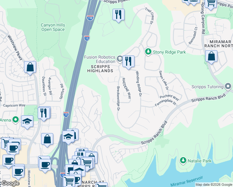 map of restaurants, bars, coffee shops, grocery stores, and more near 10889 Breckenridge Drive in San Diego