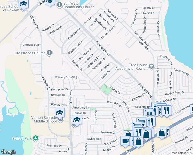 map of restaurants, bars, coffee shops, grocery stores, and more near 7214 Euclid Drive in Rowlett
