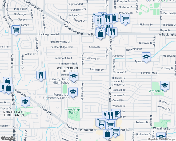 map of restaurants, bars, coffee shops, grocery stores, and more near 4629 Huntington Drive in Garland