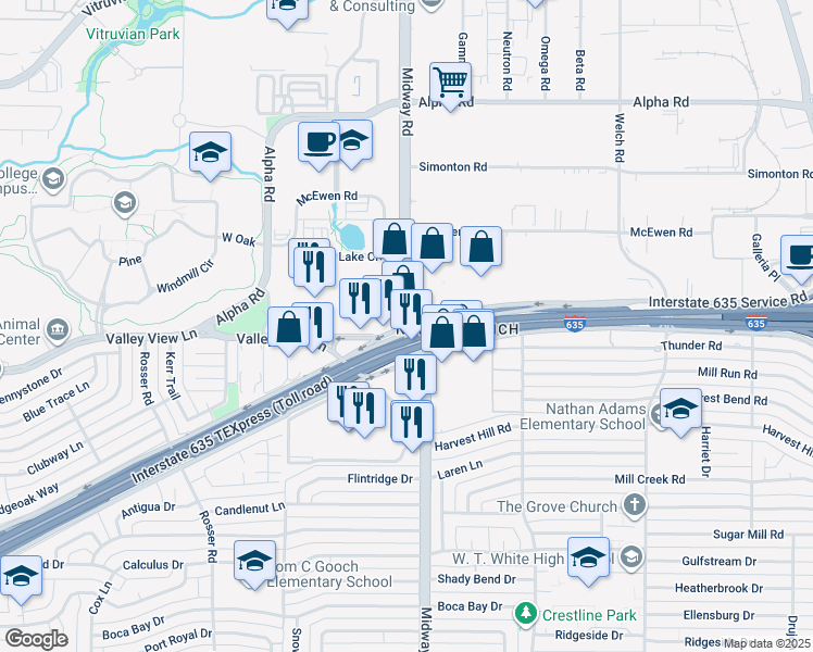 map of restaurants, bars, coffee shops, grocery stores, and more near Midway Rd & Interstate 635 Service Rd in Farmers Branch