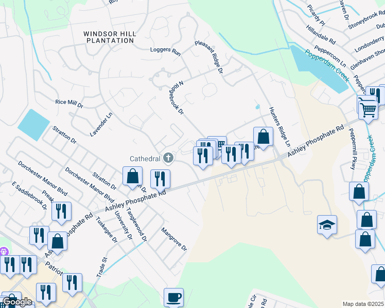 map of restaurants, bars, coffee shops, grocery stores, and more near 8108 Windsor Hill Boulevard in North Charleston