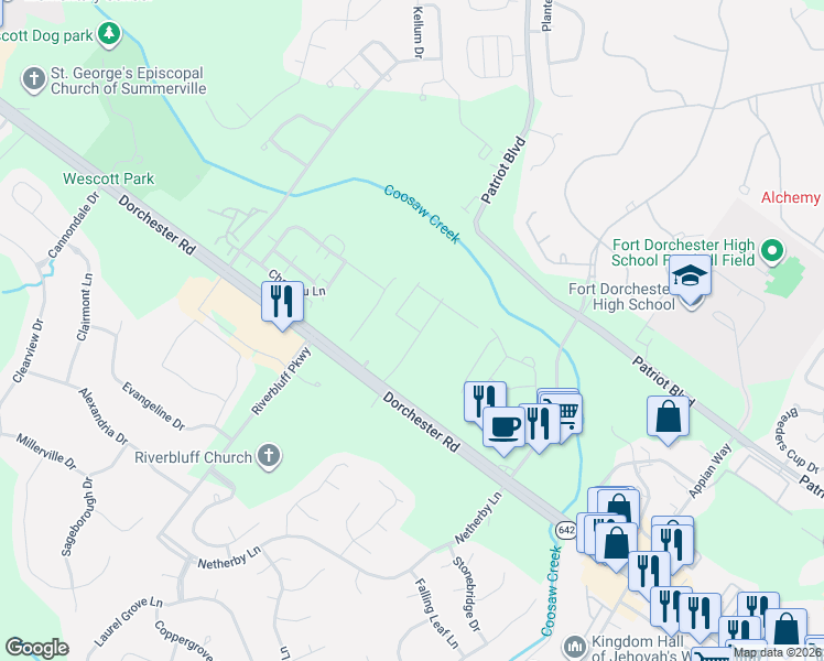 map of restaurants, bars, coffee shops, grocery stores, and more near 2B Dorchester Road in Summerville