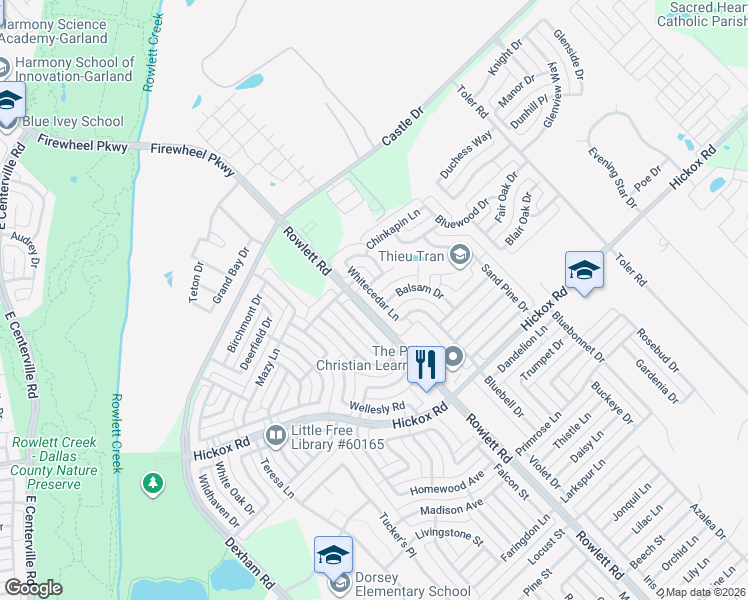map of restaurants, bars, coffee shops, grocery stores, and more near 7413 Rowlett Road in Rowlett