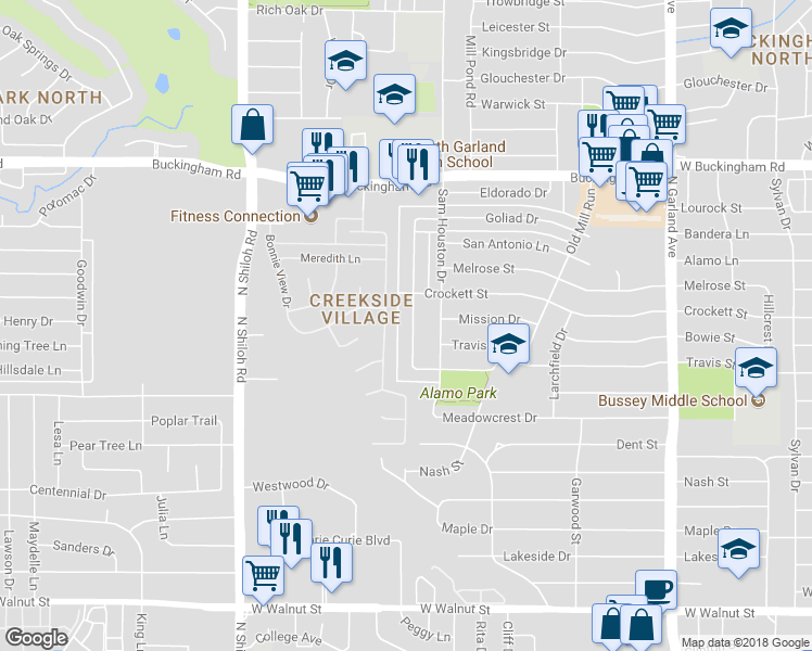 map of restaurants, bars, coffee shops, grocery stores, and more near 1213 Monterrey Drive in Garland
