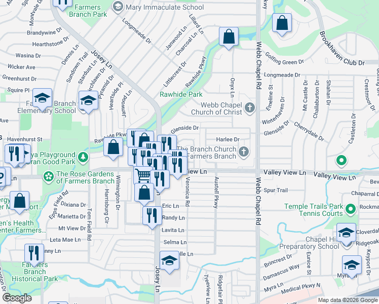 map of restaurants, bars, coffee shops, grocery stores, and more near 2973 Meadow Green Drive in Farmers Branch