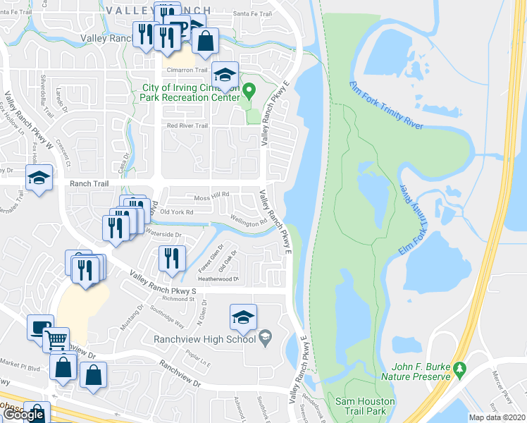 map of restaurants, bars, coffee shops, grocery stores, and more near 8700 Valley Ranch Parkway East in Irving