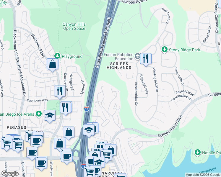 map of restaurants, bars, coffee shops, grocery stores, and more near 11395 Affinity Court in San Diego