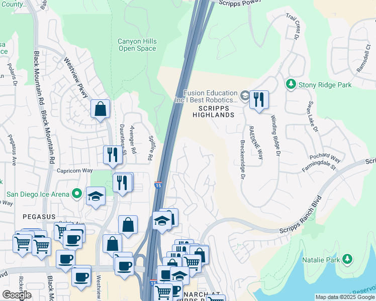 map of restaurants, bars, coffee shops, grocery stores, and more near 9970 Scripps Vista Way in San Diego