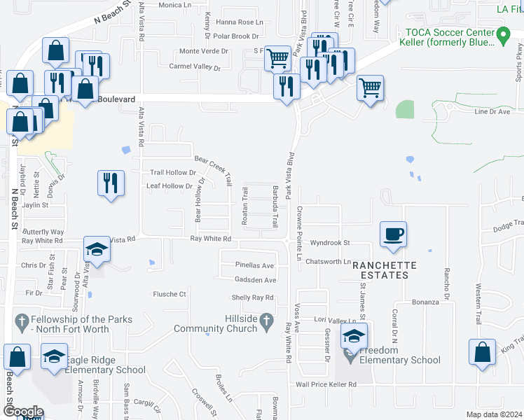 map of restaurants, bars, coffee shops, grocery stores, and more near 5121 Vieques Lane in Fort Worth