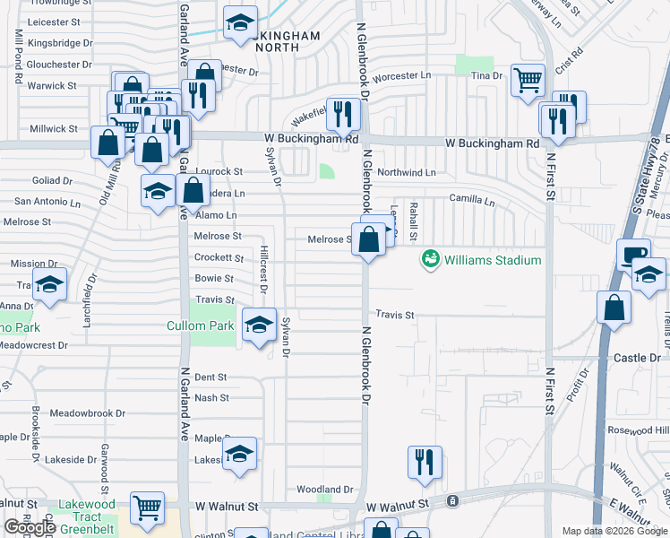 map of restaurants, bars, coffee shops, grocery stores, and more near 812 Bowie Street in Garland