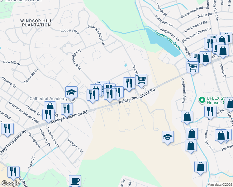 map of restaurants, bars, coffee shops, grocery stores, and more near 3630 County Road S-18-62 in North Charleston