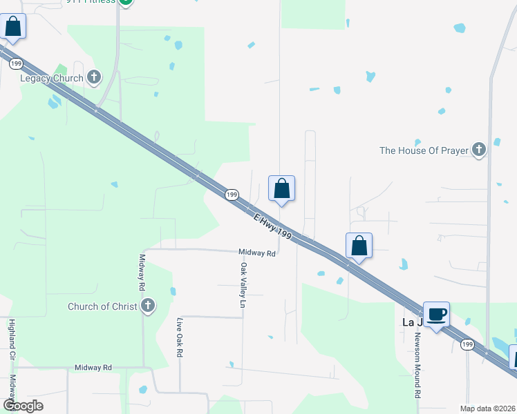 map of restaurants, bars, coffee shops, grocery stores, and more near 4317 East Highway 199 in Springtown