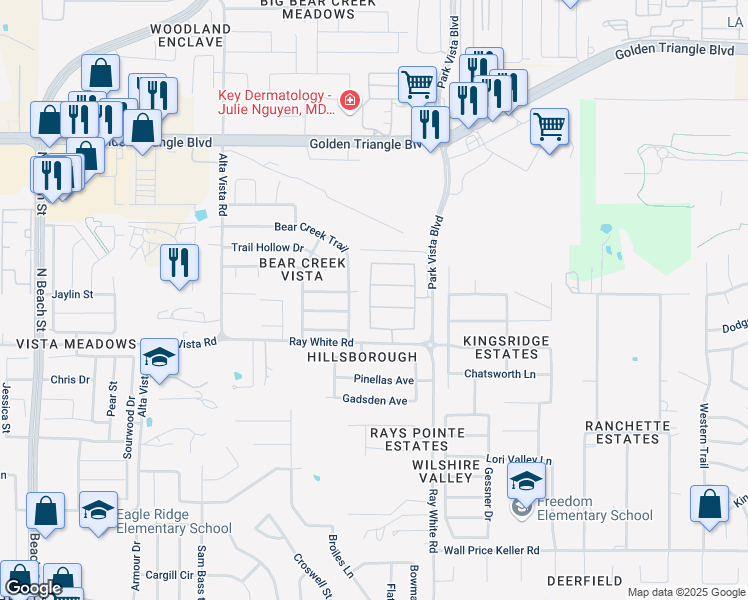 map of restaurants, bars, coffee shops, grocery stores, and more near 5101 Tortola Lane in Keller