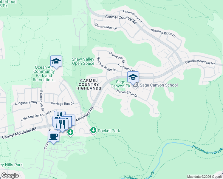 map of restaurants, bars, coffee shops, grocery stores, and more near 5216 Quaker Hill Lane in San Diego