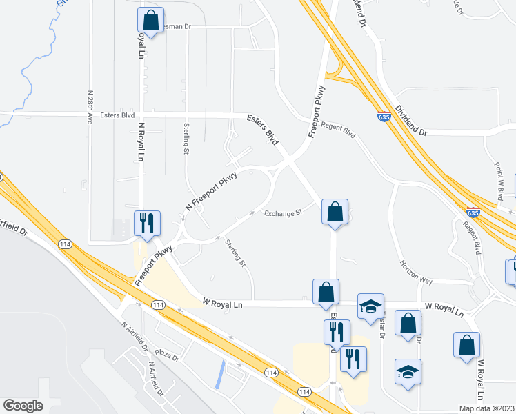 map of restaurants, bars, coffee shops, grocery stores, and more near 8710 Freeport Parkway in Irving