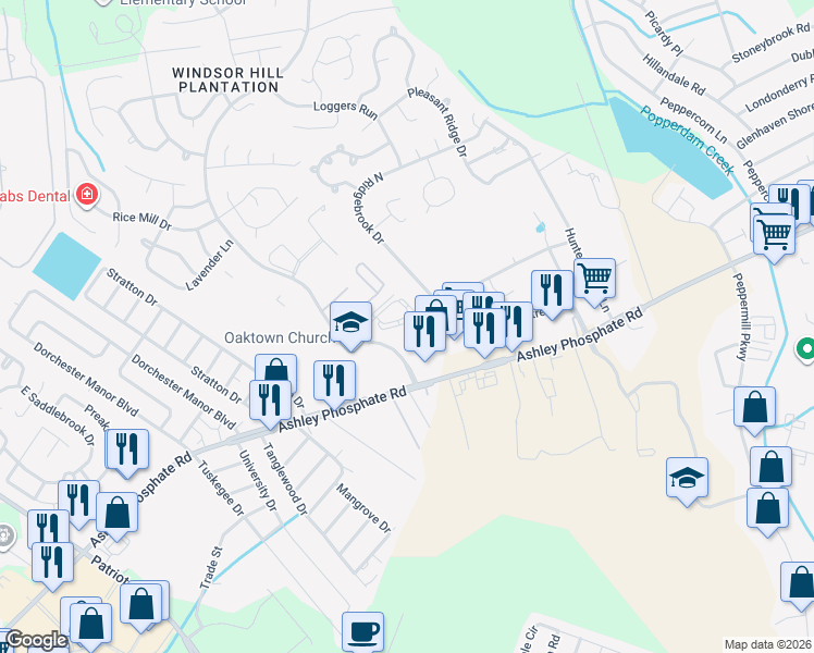 map of restaurants, bars, coffee shops, grocery stores, and more near 4048 Cedars Parkway in North Charleston