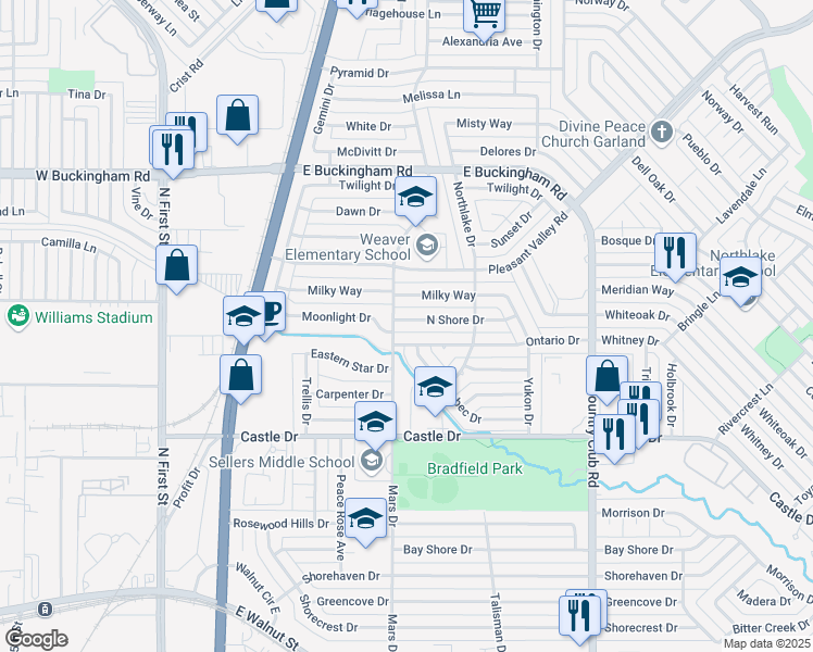 map of restaurants, bars, coffee shops, grocery stores, and more near 806 North Shore Drive in Garland